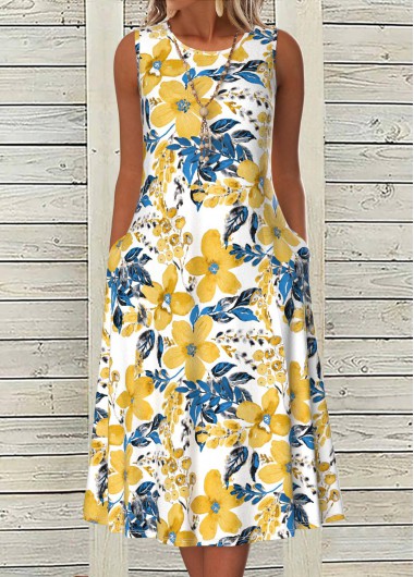 Modlily White Breathable Floral Print A Line Sleeveless Dress - S