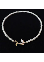 Modlily White Butterfly Design Beaded Pearl Necklace - One Size