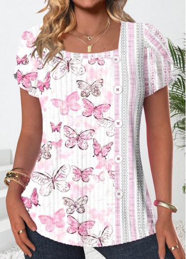 Modlily White Button Butterfly Print Short Sleeve T Shirt - S