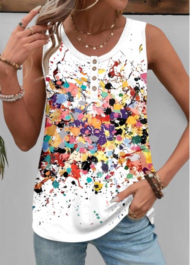 Modlily White Button Dazzle Colorful Print Sleeveless Tank Top - S