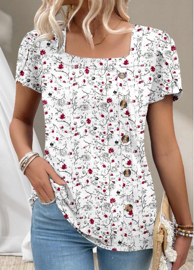 Modlily White Button Ditsy Floral Print Short Sleeve T Shirt - S