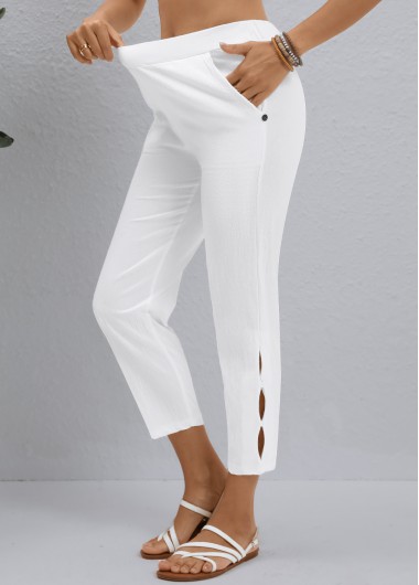 Modlily White Button Elastic Waist High Waisted Pants - S