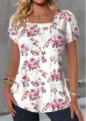 Modlily White Button Floral Print Short Sleeve T Shirt - S