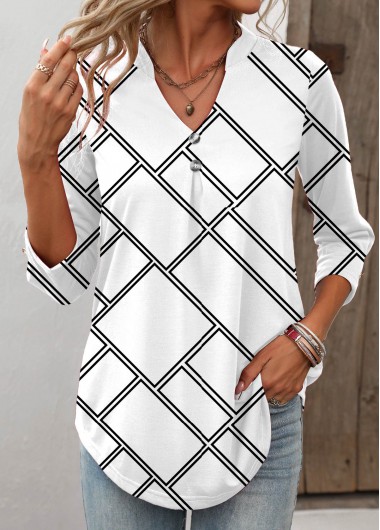 Modlily White Button Geometric Print Long Sleeve T Shirt - S