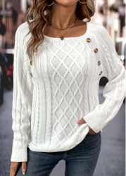 Modlily White Button Long Sleeve Round Neck Sweater - S