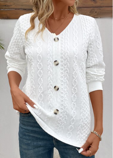 Modlily White Button Long Sleeve V Neck Sweatshirt - L