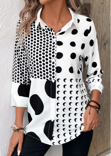 Modlily White Button Polka Dot Long Sleeve Shirt Collar Blouse - M