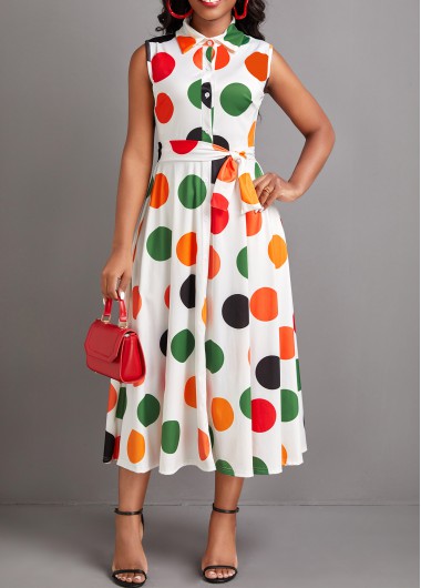 Modlily White Button Polka Dot Sleeveless Dress - S