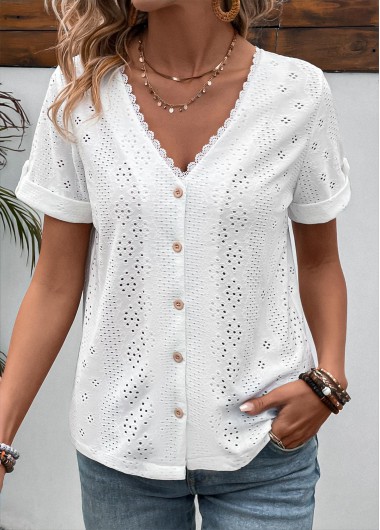 Modlily White Button Short Sleeve V Neck Blouse - S