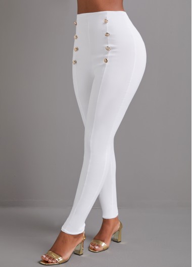 Modlily White Button Skinny Elastic Waist High Waisted Pants - L