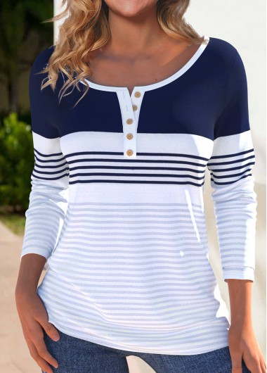 Modlily White Button Striped Long Sleeve Boat Neck T Shirt - S