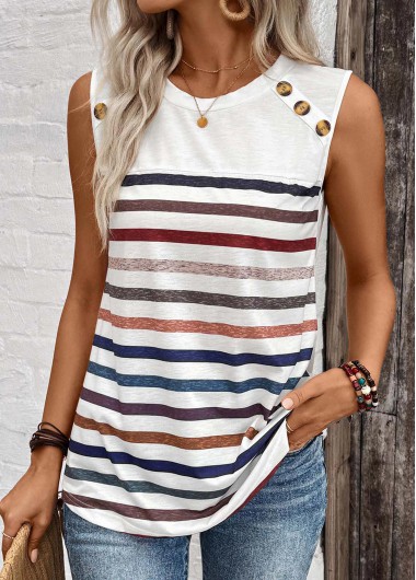 Modlily White Button Striped Round Neck Tank Top - S