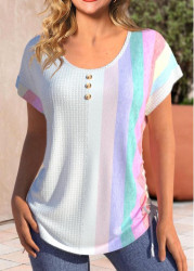 Modlily White Button Striped Short Sleeve T Shirt - S