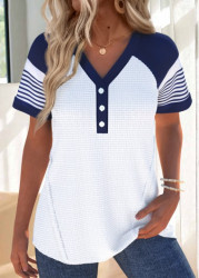 Modlily White Button Striped Short Sleeve V Neck T Shirt - S