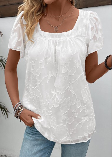 Modlily White Chiffon Short Sleeve Square Neck T Shirt - S