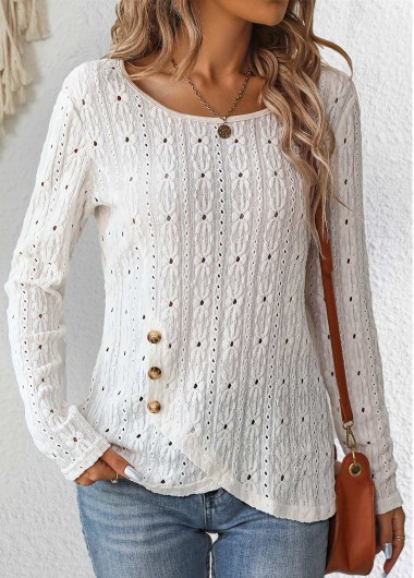 Modlily White Cross Hem Long Sleeve Round Neck T Shirt - S