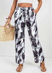 Modlily White Double Side Pockets Feathers Print Elastic Waist Pants - S