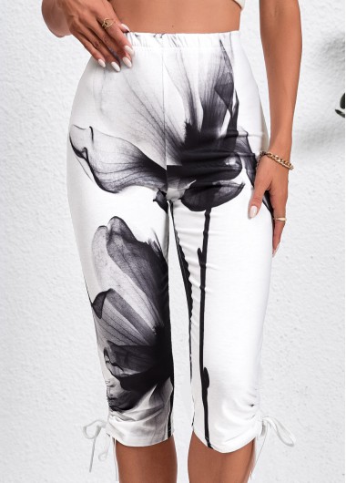 Modlily White Drawstring Ink Painting Print Skinny Elastic Waist Pants - S