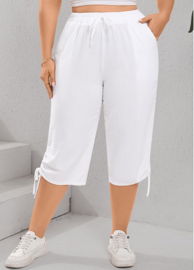 Modlily White Drawstring Regular Elastic Waist High Waisted Pants - L