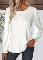 Modlily White Embroidery Long Sleeve Round Neck Blouse - S