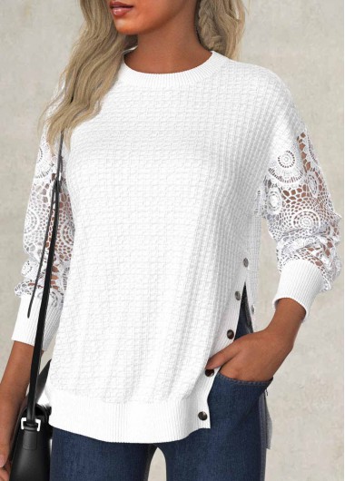 Modlily White Embroidery Long Sleeve Round Neck Sweatshirt - M