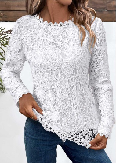 Modlily White Embroidery Long Sleeve Round Neck T Shirt - S