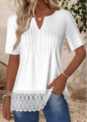 Modlily White Embroidery Short Sleeve Split Neck T Shirt - S