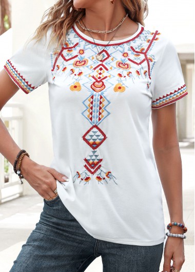 Modlily White Embroidery Tribal Print Short Sleeve T Shirt - S