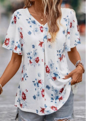 Modlily White Floral Print Short Sleeve V Neck Blouse - S