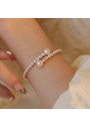 Modlily White Geometric Round Pearl Design Bangle - One Size