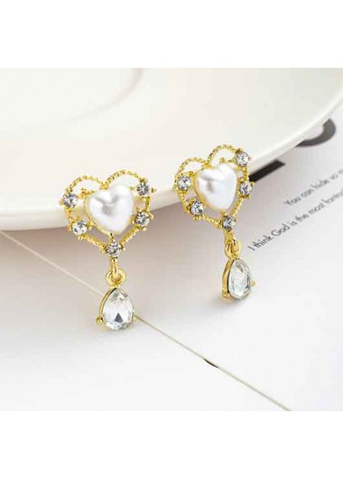 Modlily White Heart-shaped Pearl Alloy Rhinestone Earrings - One Size