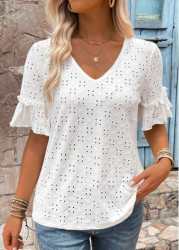 Modlily White Hole Short Sleeve V Neck T Shirt - S