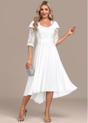 Modlily White Lace Cocktail Dress Patchwork X Shape Midi Corset Dress Sheer Sleeve 3/4 Sleeve Dress - S