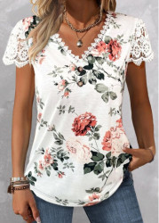 Modlily White Lace Floral Print Short Sleeve T Shirt - L