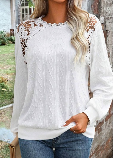 Modlily White Lace Long Sleeve Round Neck Sweatshirt - S