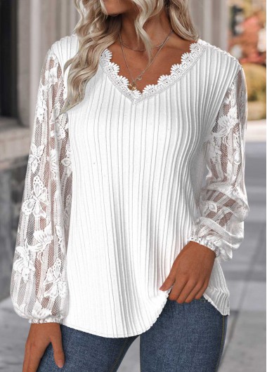 Modlily White Lace Long Sleeve V Neck Blouse - S