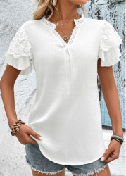 Modlily White Lace Short Sleeve Split Neck T Shirt - L