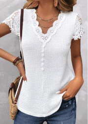 Modlily White Lace Short Sleeve V Neck T Shirt - M