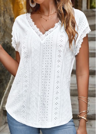 Modlily White Lace Short Sleeve V Neck T Shirt - XL