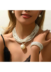 Modlily White Layered Pearl Necklace and Bracelet - One Size