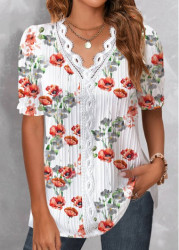 Modlily White Patchwork Floral Print Short Sleeve T Shirt - M