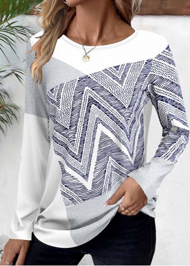 Modlily White Patchwork Geometric Print Long Sleeve T Shirt - S