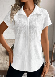 Modlily White Patchwork Short Sleeve Shirt Collar Blouse - S