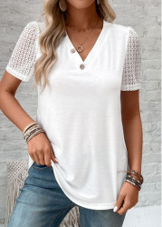 Modlily White Patchwork Short Sleeve V Neck T Shirt - M