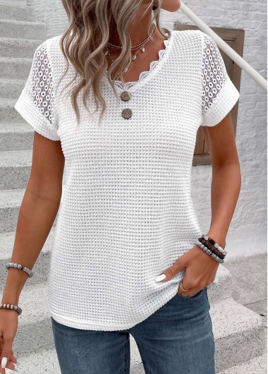 Modlily White Patchwork Short Sleeve V Neck T Shirt - S