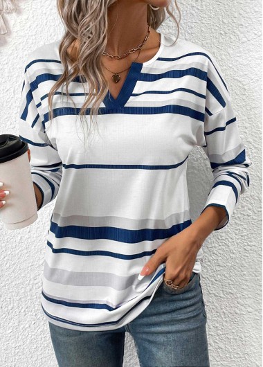 Modlily White Patchwork Striped Long Sleeve Split Neck T Shirt - M