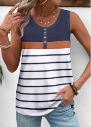 Modlily White Patchwork Striped Sleeveless Round Neck Tank Top - XL