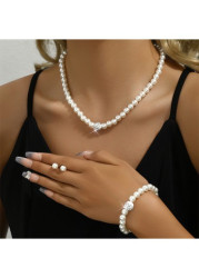 Modlily White Pearl Alloy Necklace and Bracelet Set - One Size