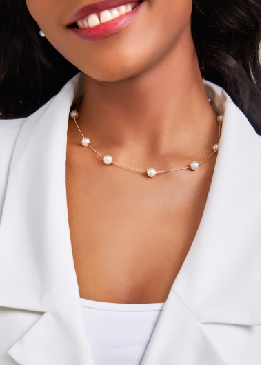 Modlily White Pearl Design Metal Detail Necklace - One Size