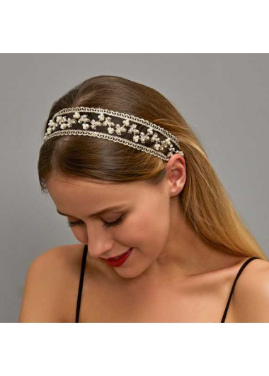 Modlily White Pearl Lace Detail Elastic Headband - One Size